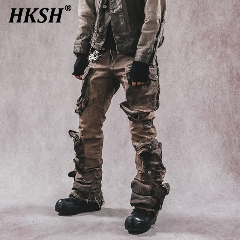 

HKSH Heavy Craft Waste Land Washing Multi Pocket Micro Rage Elastic Slim Fit Casual Cargo Pants Men's Punk Tide Overalls HK0814