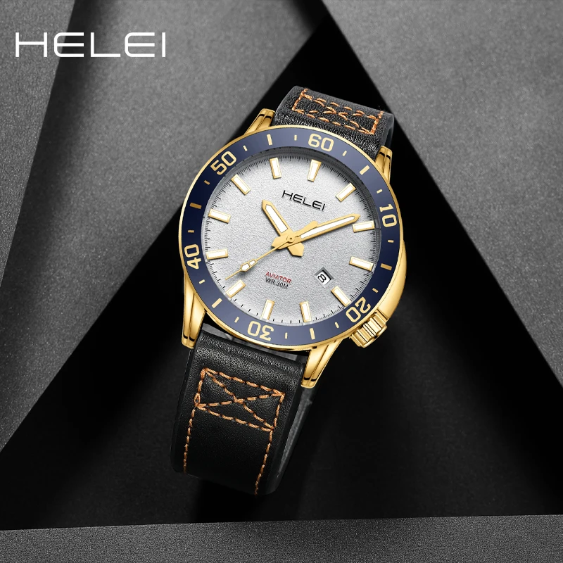 HELEI new exquisite dial men's quartz watches leather casual fashion wristwatch waterproof men's watch luminous gift for men
