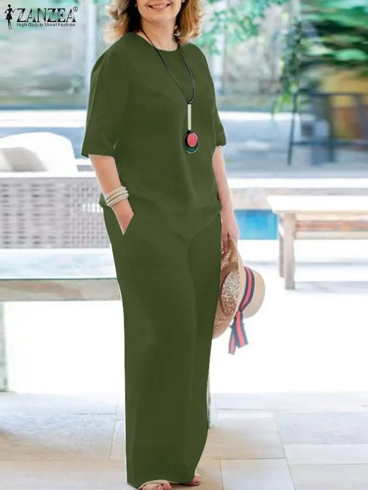 ZANZEA 2PCS Women Outfits Fashion Matching Sets Summer Causal Blouse & Wide Leg Pants Solid Loose Tracksuits Oversize Pantsuits 3