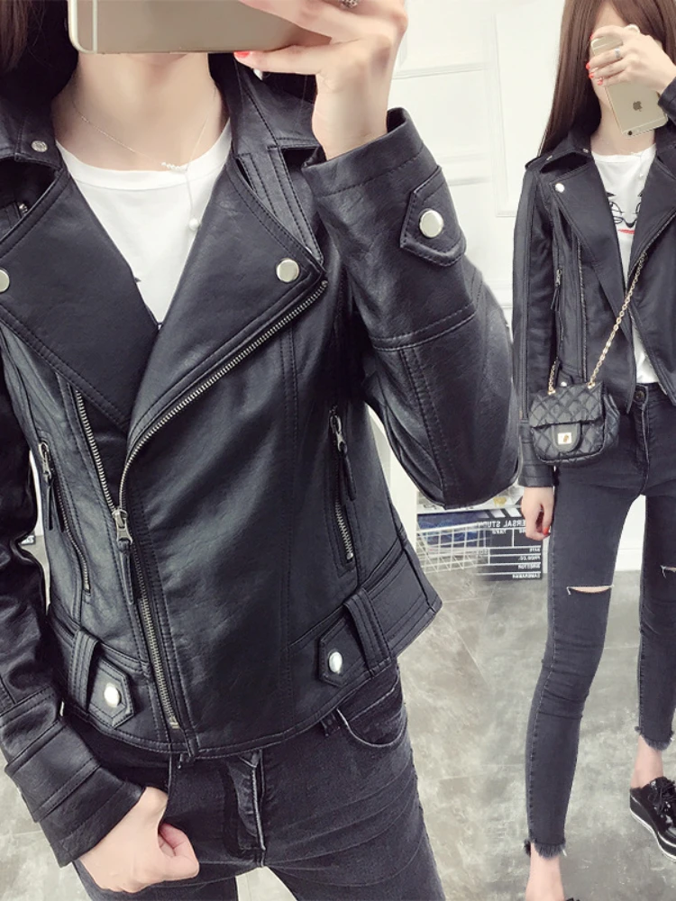 Fall Women Short Black PU Jacket Gothic Punk Style Fashion Motorcycle Leather Jacket Casual Wild Coat Goth Winter Coats 2