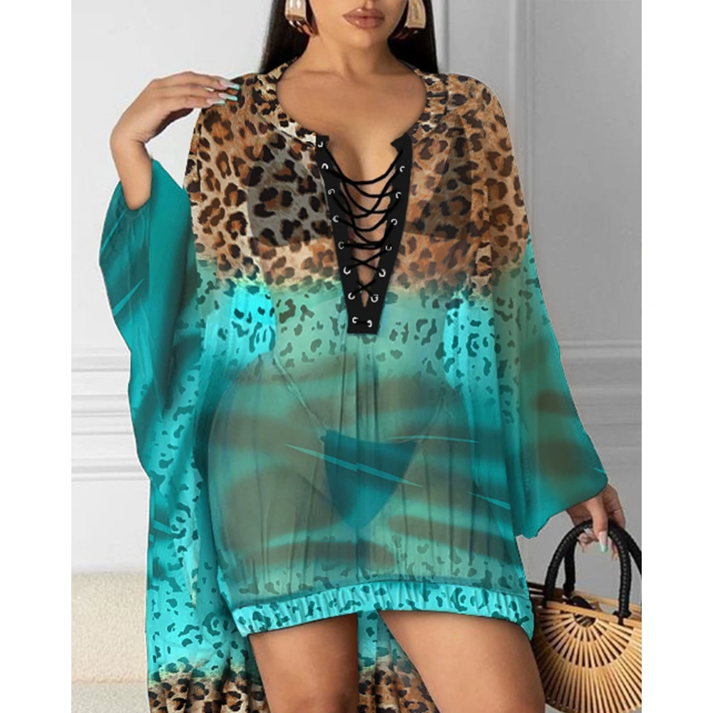 2023 Summer Vacation Women Colorblock Eyelet Lace-up Bathing and Swimsuit Cover Up Leopard Print Dip Hem  Sheer Sexy Dress