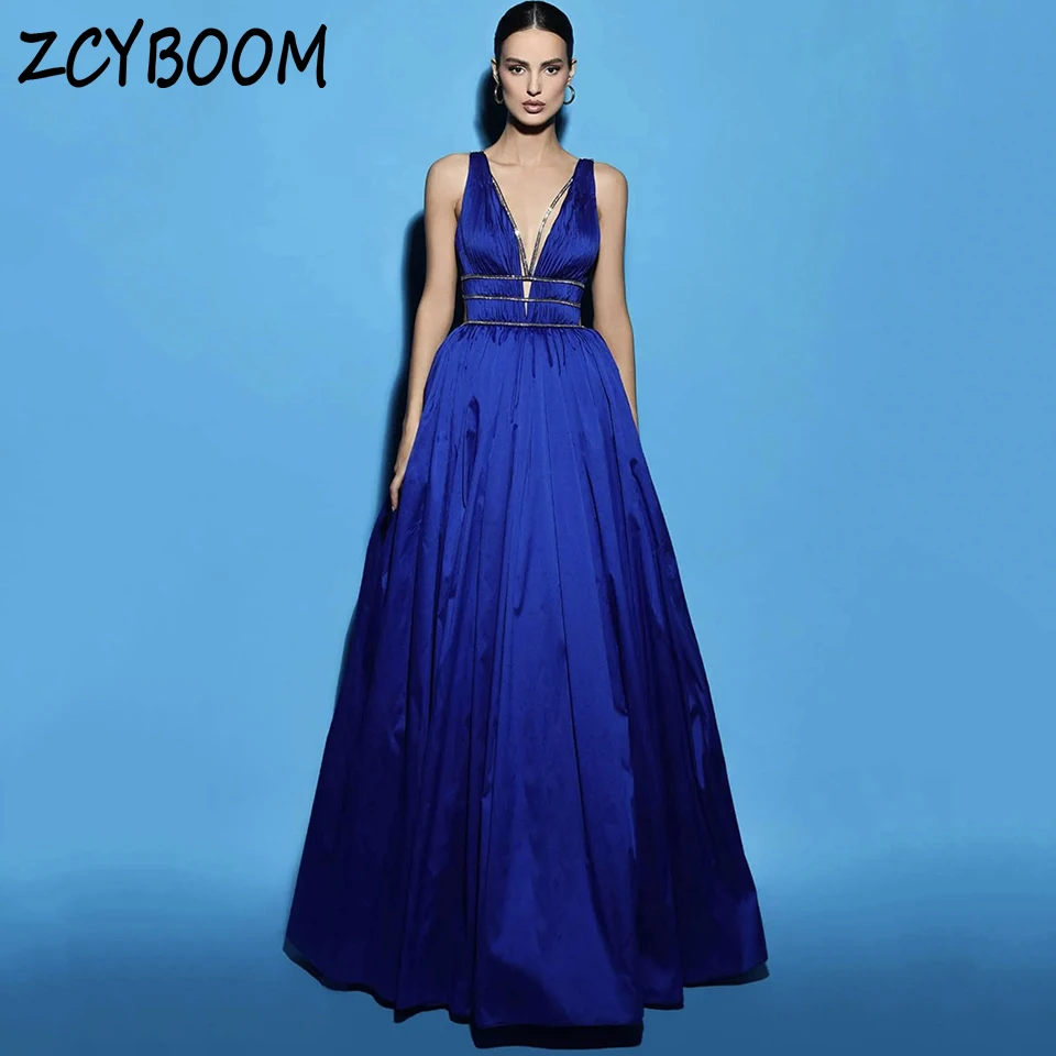 

Charming Royal Blue V-Neck Open Back Spaghetti Strap Evening Dress 2024 A-Line Floor Length Stain Zipper Custom Made Prom Dress
