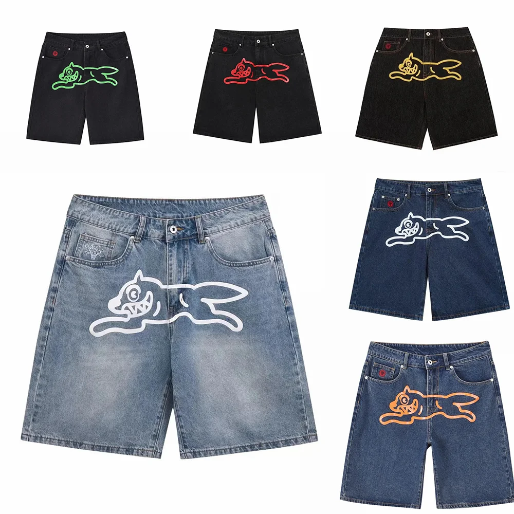 Shorts Y2K Jeans Harajuku Hip Hop Flying Dog Graphic Print Retro Blue Baggy Denim Gym Shorts Mens Womens High Waist Casual Short denim shorts