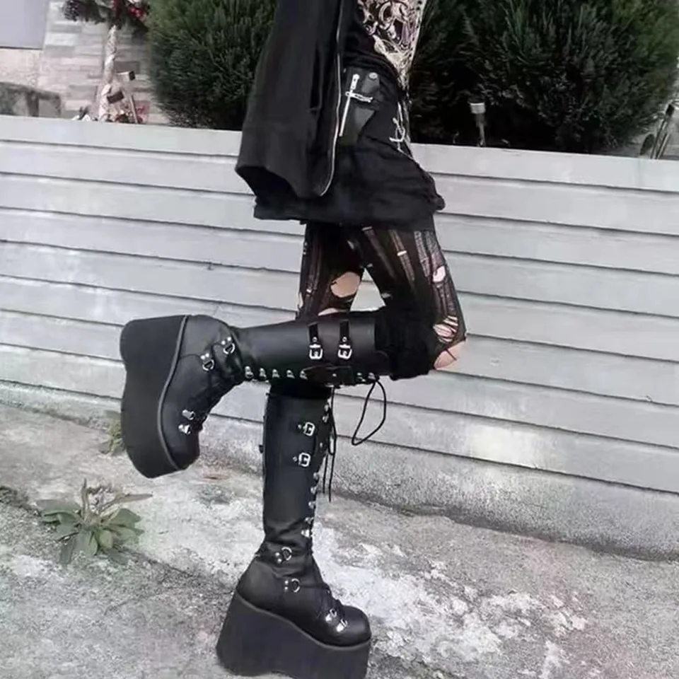 Gothic Chunky Platform Knee High Boots 2003 Brand New Punk Street