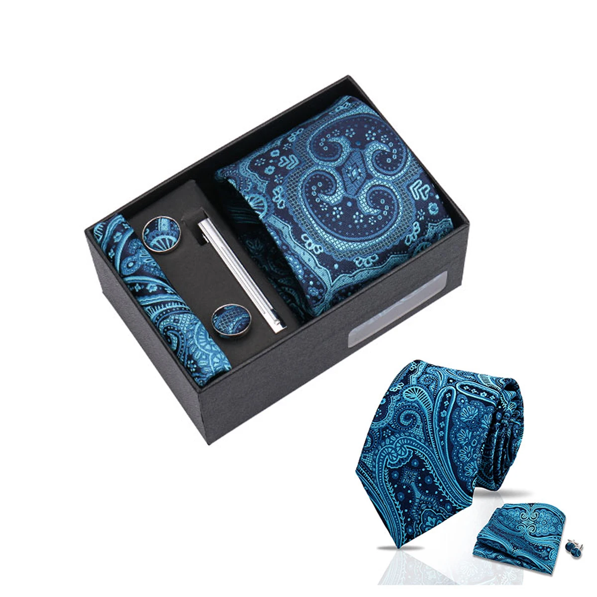 Neck Tie Tie Set Box Gift Fashion Necktie Pocket Squares Cufflinks Tie Clip Necktie Box Men Fit Wedding Blue Paisley Black Boxs