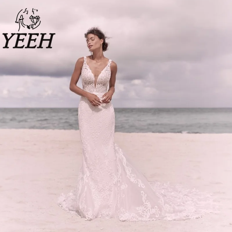 

YEEH Exquisite Lace Appliques Wedding Dress V-neck Illusion Back Bridal Gown Mermaid Chapel Train Vestido De Noiva for Bride