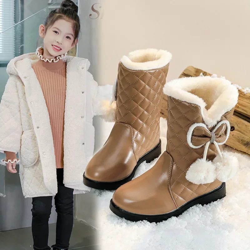 Girls Warm Boots with Bow 2025 Winter New Kids Snow Boots with Fur Plush  Fashion Children Princess Boots Waterproof Platform