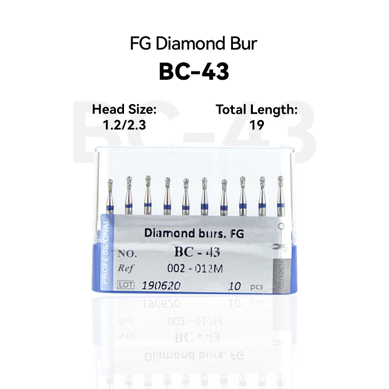 

10pcs Dental Clinic Products BC-43 002-012M Diamond Bur FG High Speed 1.2/2.3 19.0 Blue Medium Intra-oral Material Equipment