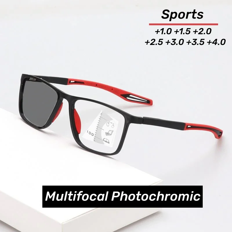 Reading Glasses New Trendy TR90 Photochromic Multifocal Reading Glasses 3 in 1 Outdoor Bifocal Sunglasses Sports Anti Blue Near Far Eyeglasses