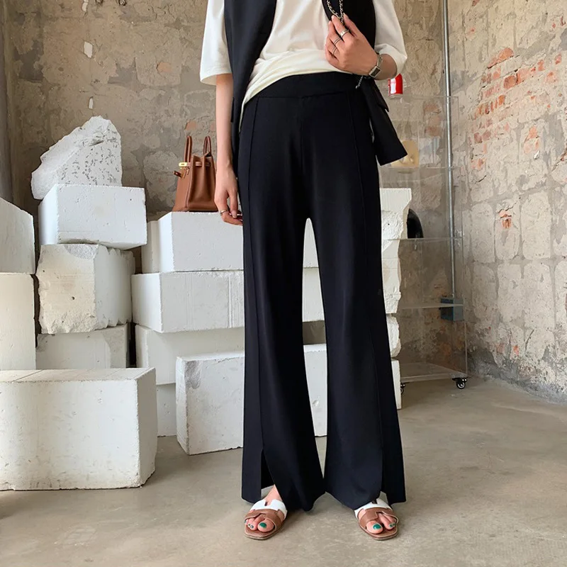 Split Wide Leg Women's High Waist Drooping Straight Loose Slimming Knitted Mop Casual Pants Wholesale