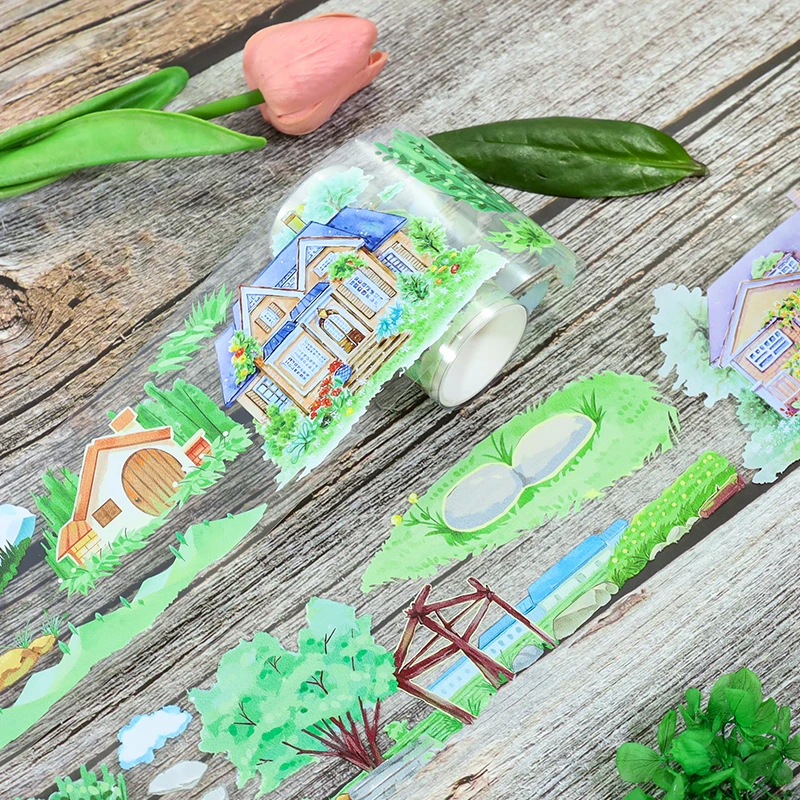 7cm*2m 시골 녹지 PET 와시 테이프 마을 투명 롤 스티커 장 갈매기 테이프 스크랩북킹 저널용