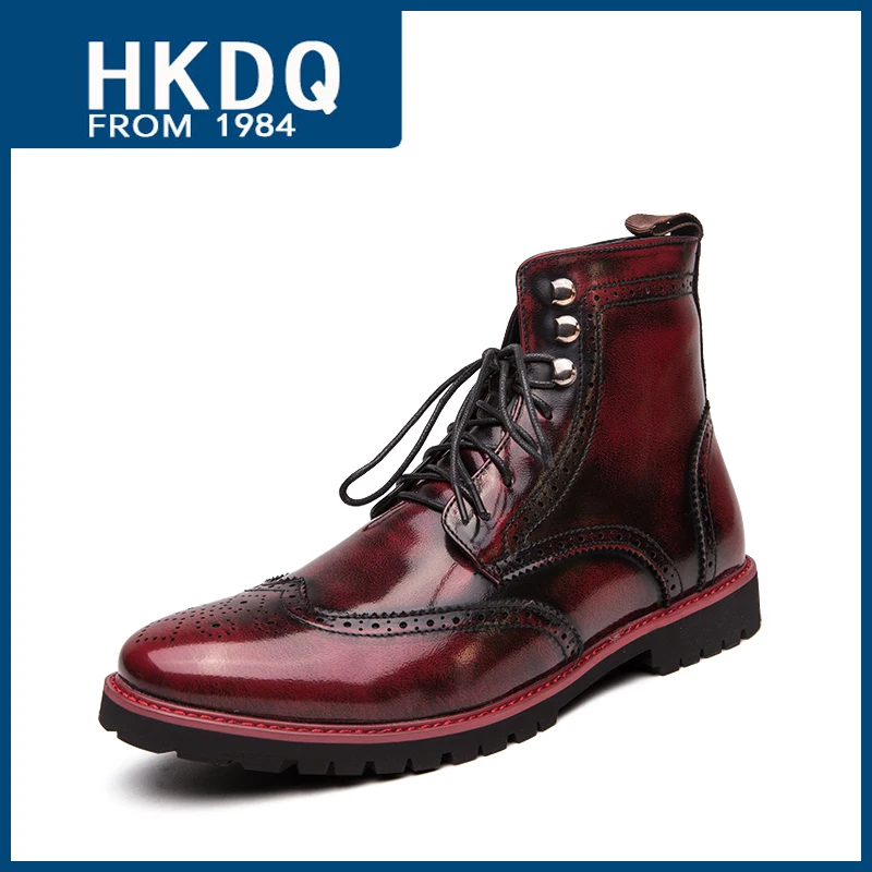 

HKDQ Fashion Hollow Red Men's Ankle Boots Retro High-top Men Brogue Shoes Non-slip Breathable Leather Men Boots Large Size 38-48