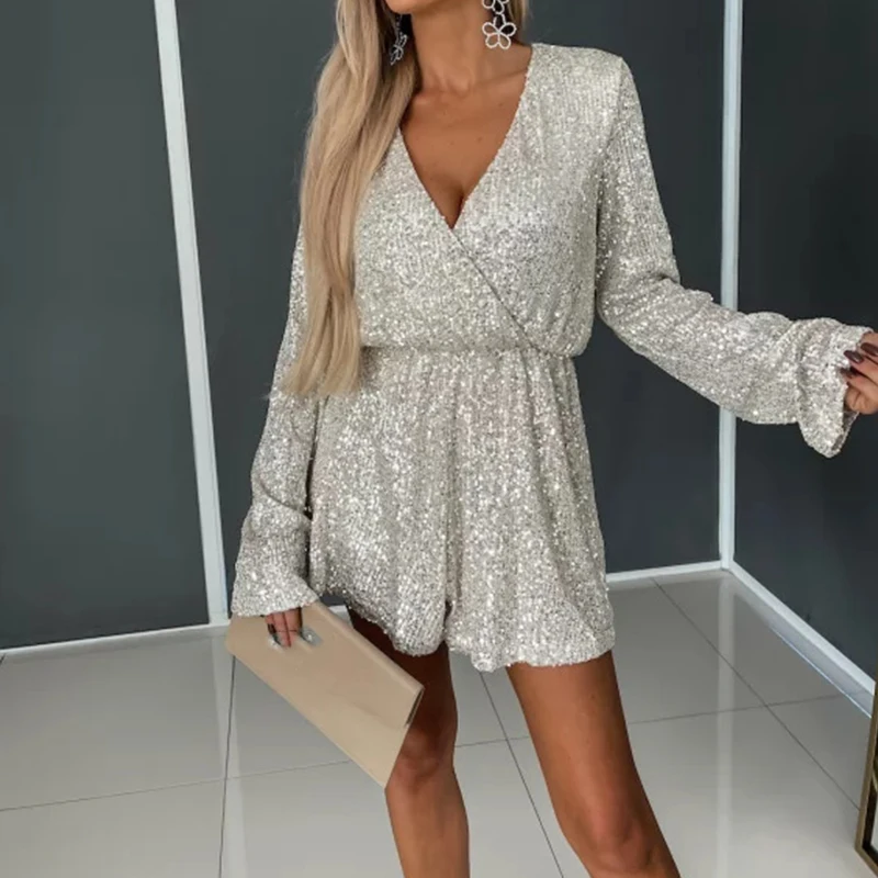 

Women Party Glitter Sequins Shorts Jumpsuit Trend 2024 Spring Long Sleeve Waisted Solid One Piece Romper Sexy V-Neck Overall