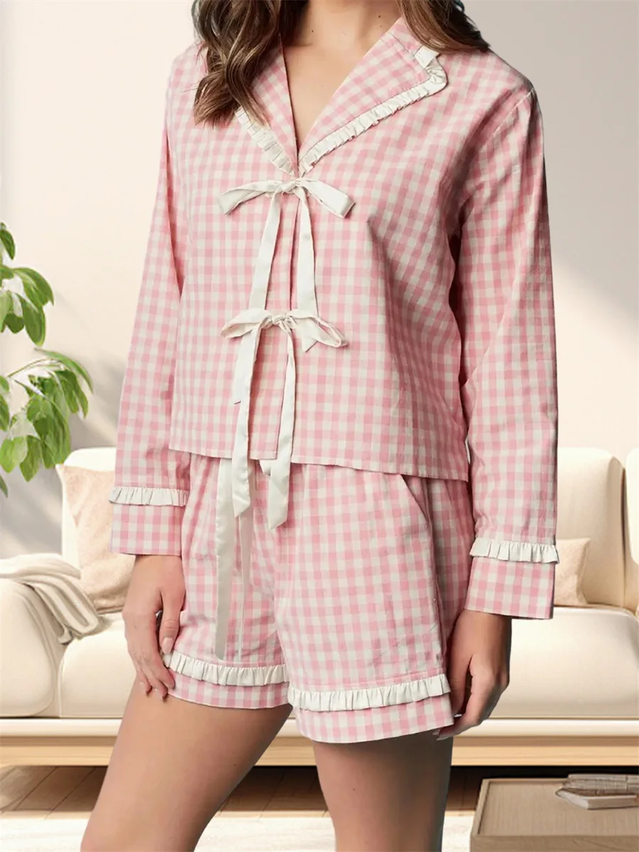 Striped Pajama Set with Button Front Closure and Ruffle Trim Lapel Neck Long Sleeve Top Elastic Waist Shorts 2 Piece Loungewear