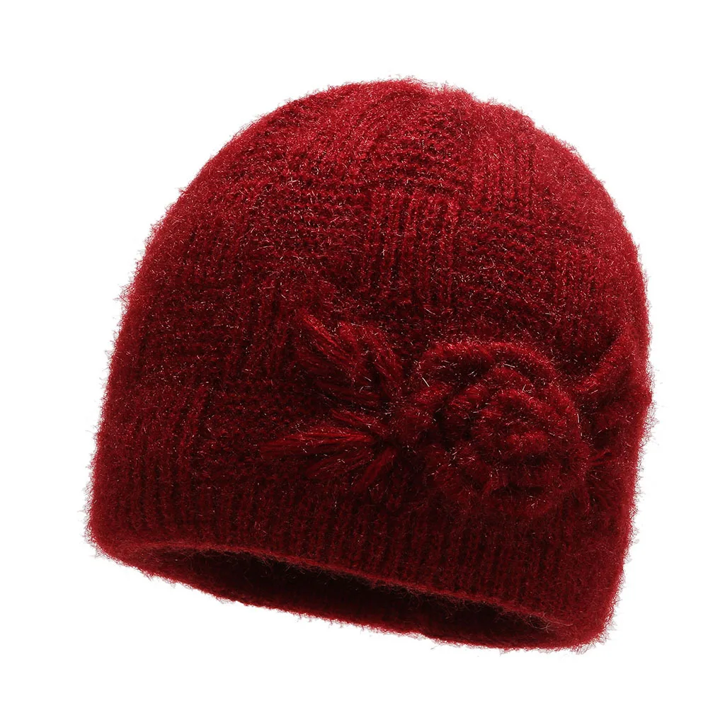Bonnet for Women Winter Hats Fashion Floral Cross Knitted Hat Ladies Warm Velvet Winter Hat Skullies Beanies MOM Grandmother Cap 3