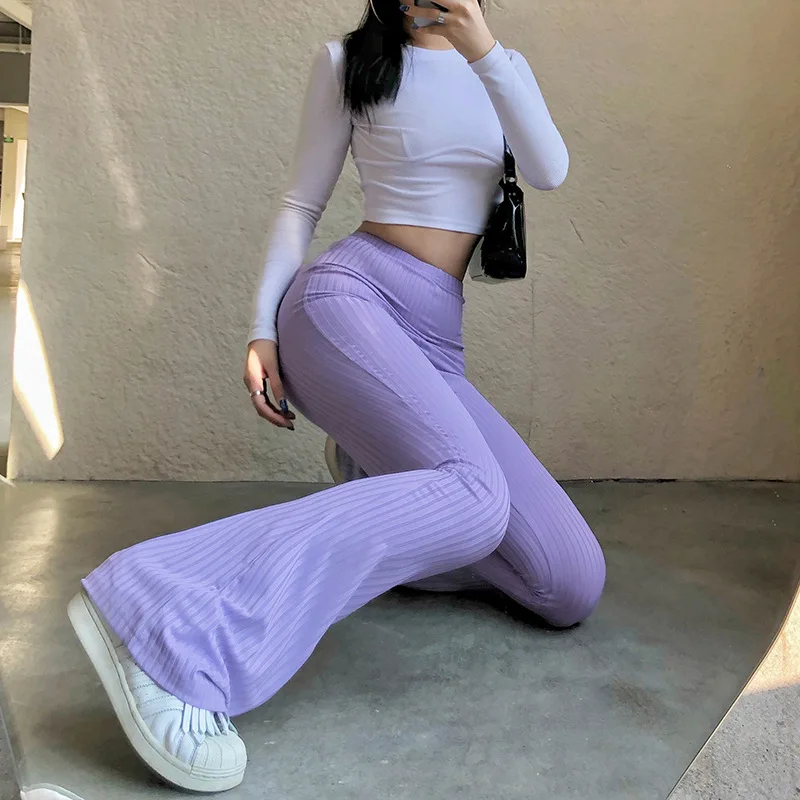 Fashion Purple Ribbed Y2K Joggers Women Knitted Flare Pants Slim High Waist Aesthetic Trousers Female Vintage 90s Sweatpants