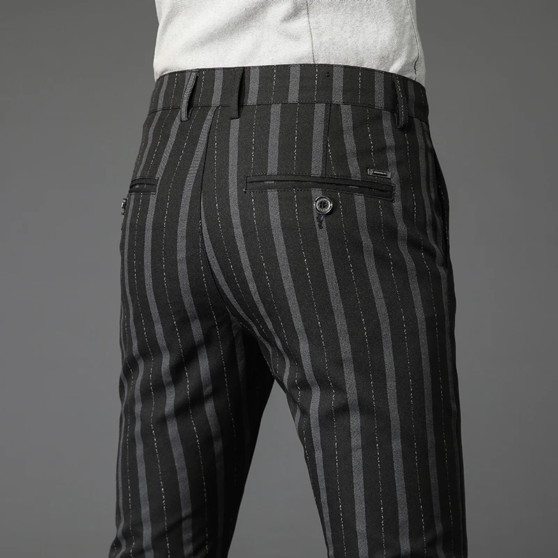 Casual Pants Brand Men's Striped Casual Pants Spring Comfortable Elastic Business Slim Straight British Fashion Trousers Black Khaki Wine Red