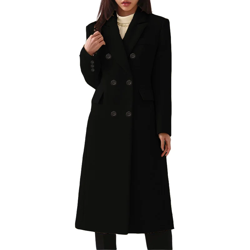 Officewear Casual Women Jackets Fashion Ladies Wool Loose Outwear Elegant Lapel Solid Double-breasted Coats For Autumn Winter