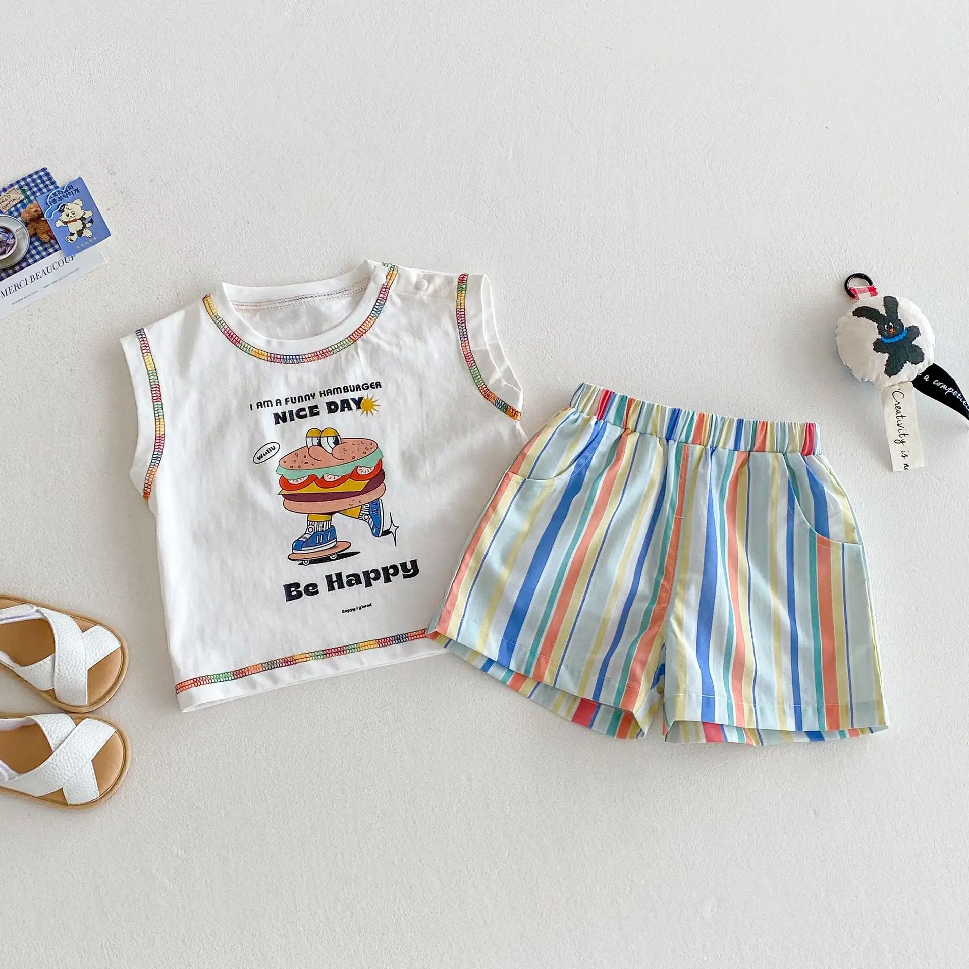 Children's Burger Tank Top 2025 New Summer Boys' Stylish Cartoon Printed T-shirt Baby Fashion Striped Shorts