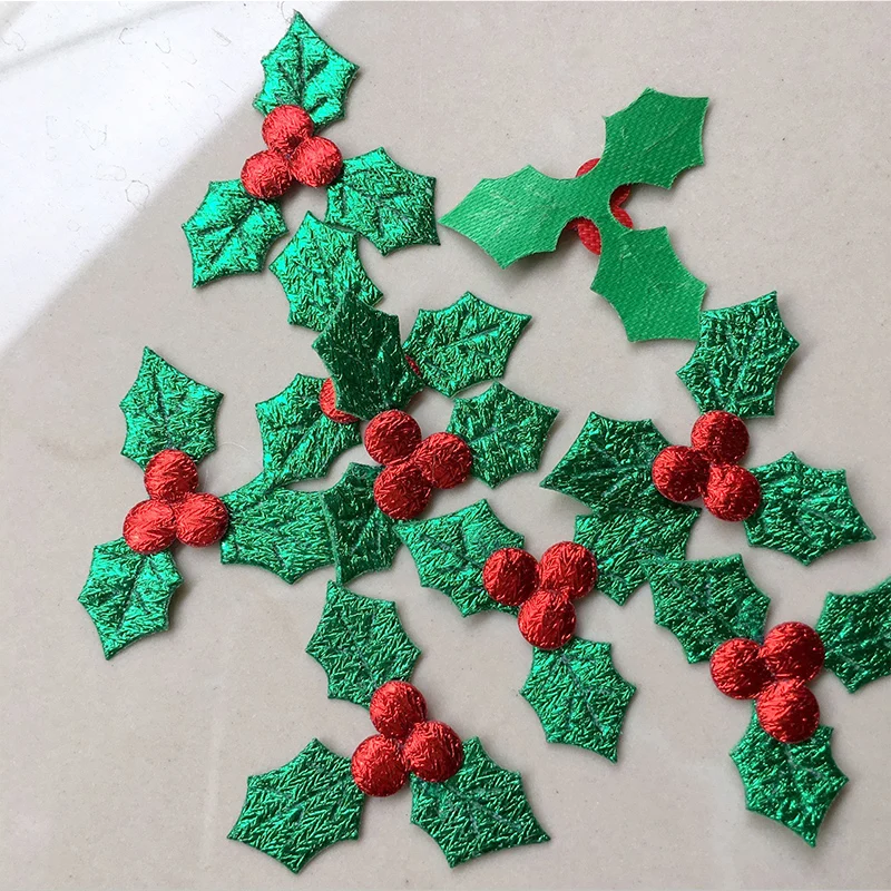 Christmas Glitter Holly Leaf And Red Berry Decoration Table Ornaments DIY Art Fabric Applique Accessories 100Pcs