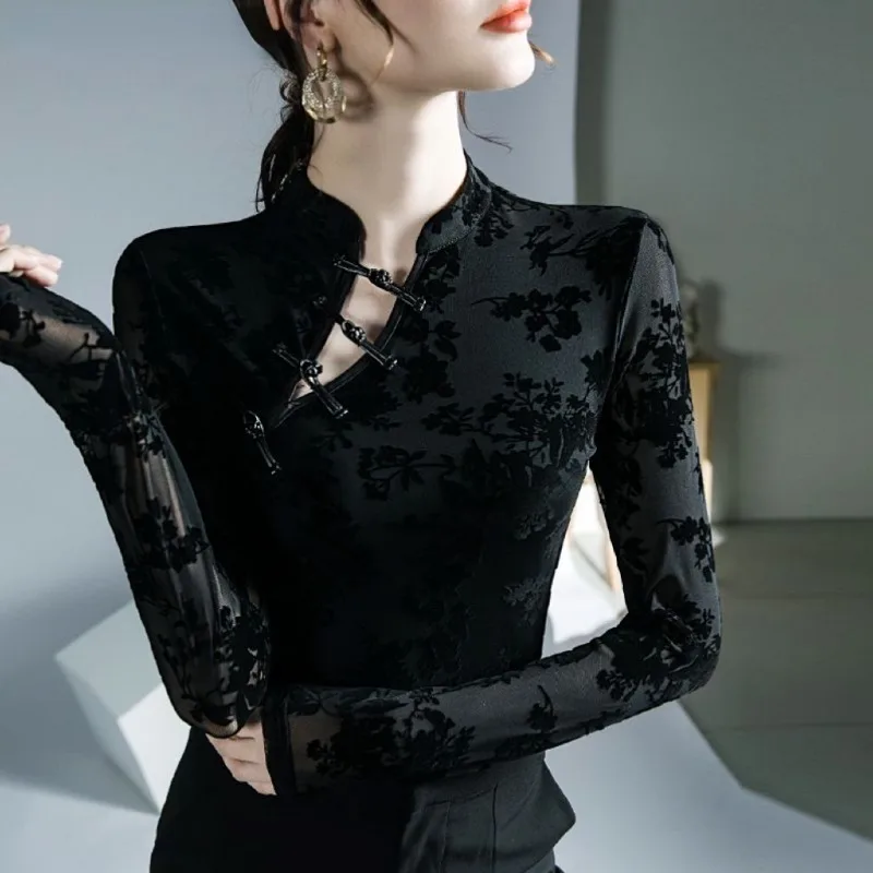 Women Chinese Shirt Women Oriental Retro Tang Suit Traditional Shirt Chinese Vintage Base Shirt Sexy Lace Top National Ethnic Velvet
