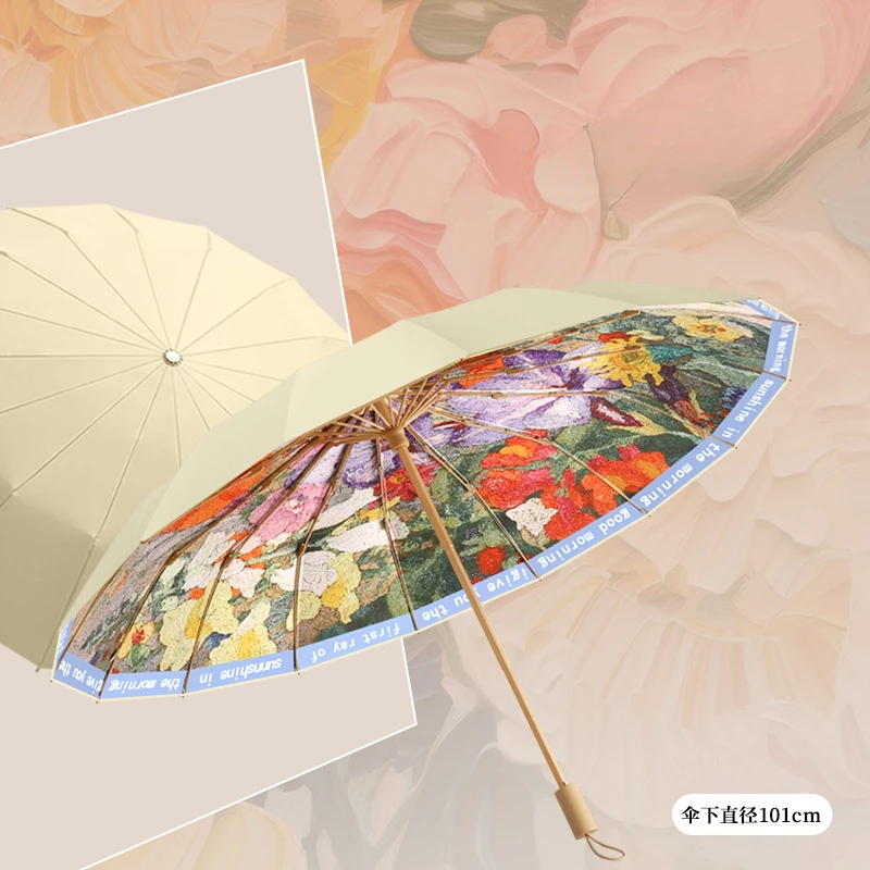 Folding Umbrella Sunshade Parasol Color Coating 3 Folding Oil Painting Sunscreen UV Protection Retro For Women