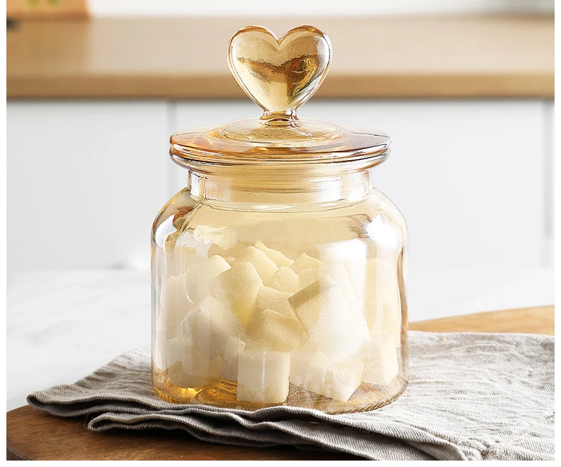 HomeyHoney Clear Glass Canisters with a Cute Heart shaped Handle Lid,  Decorative Weddings Candy Buffet Display Elegant Storage. 45 oz