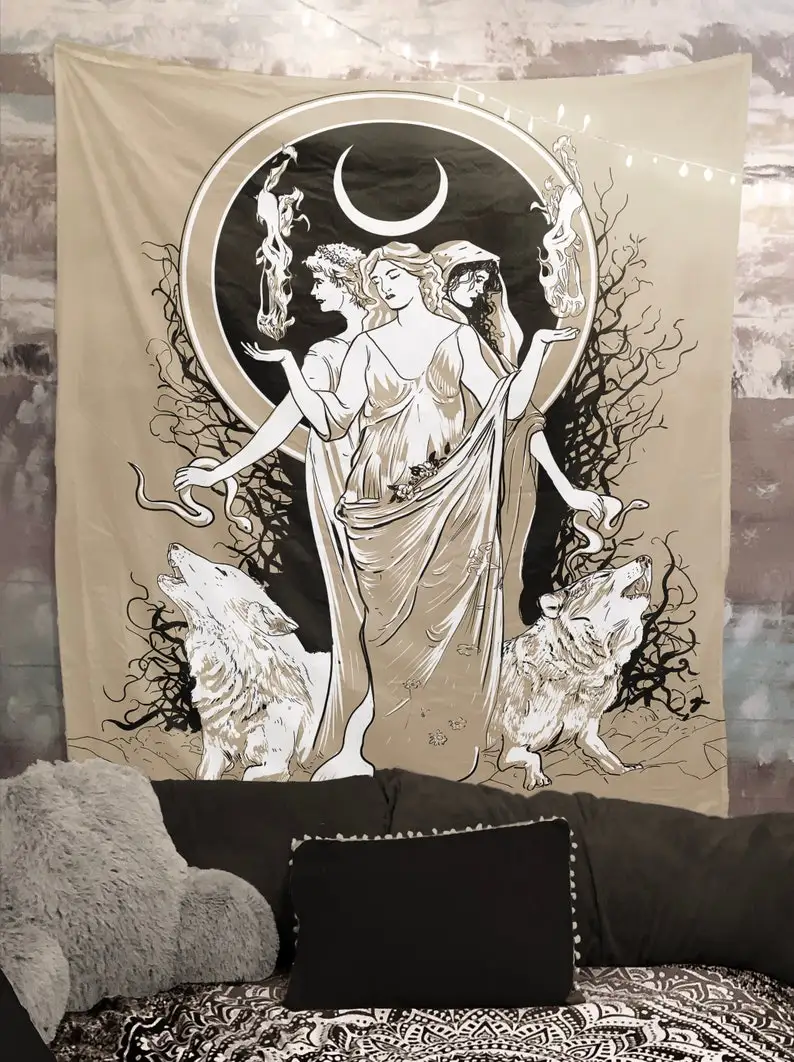 Moon Goddess Art Hecate Tapestry Moon And Wolves Tapestry Witchy Art Black And White Gothic