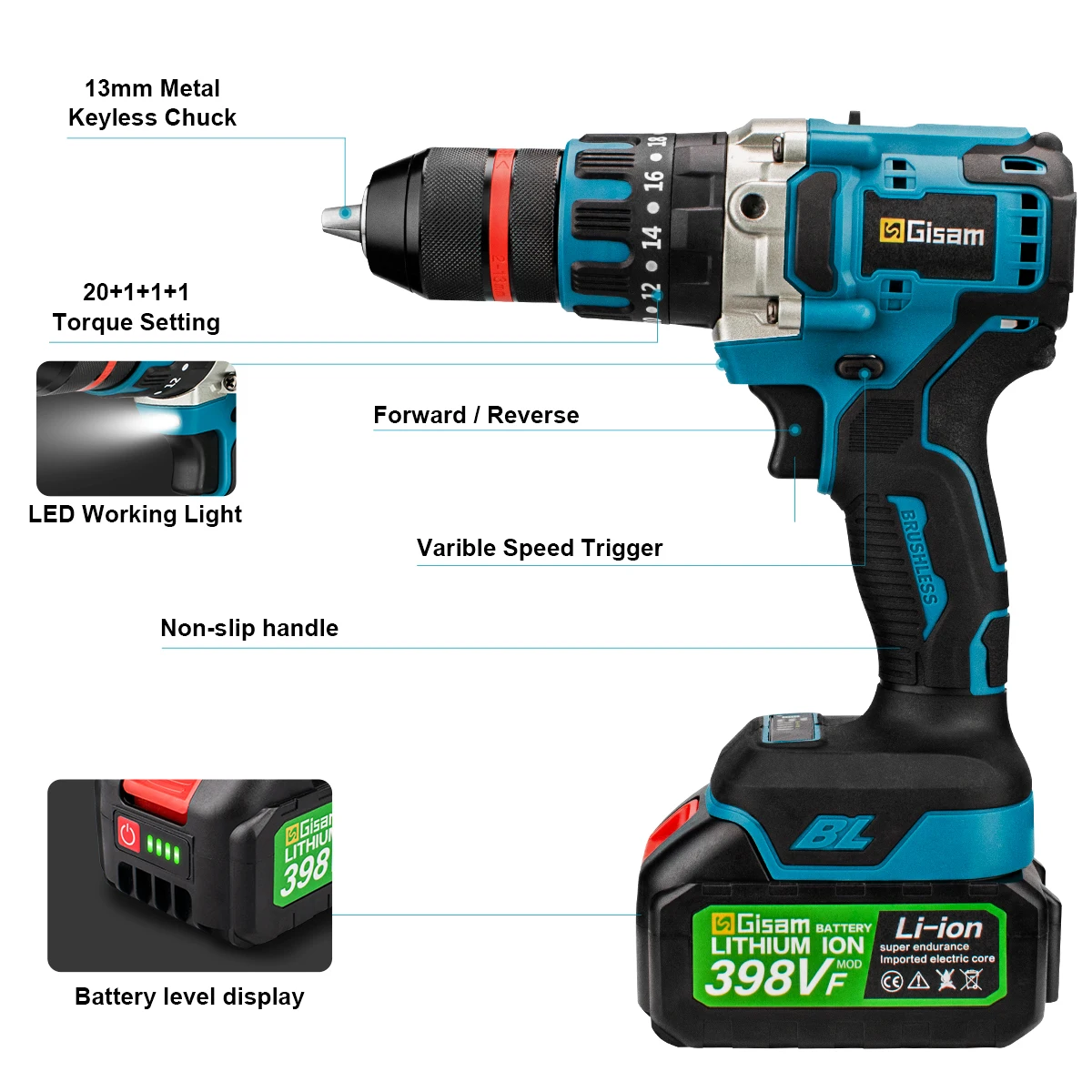 18V 13mm 480NM Brushless Electric Impact Drill Cordless Drill Electric Screwdriver DIY Driver Power Tools for Makita 18V Battery