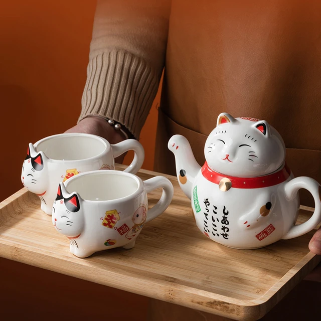 1 Set Maneki Neko Lucky Cat Ceramic Teaware 1 Teapot and 2 Tea Cups Gift  Box Porcelain Tea Kettle With Strainer - AliExpress