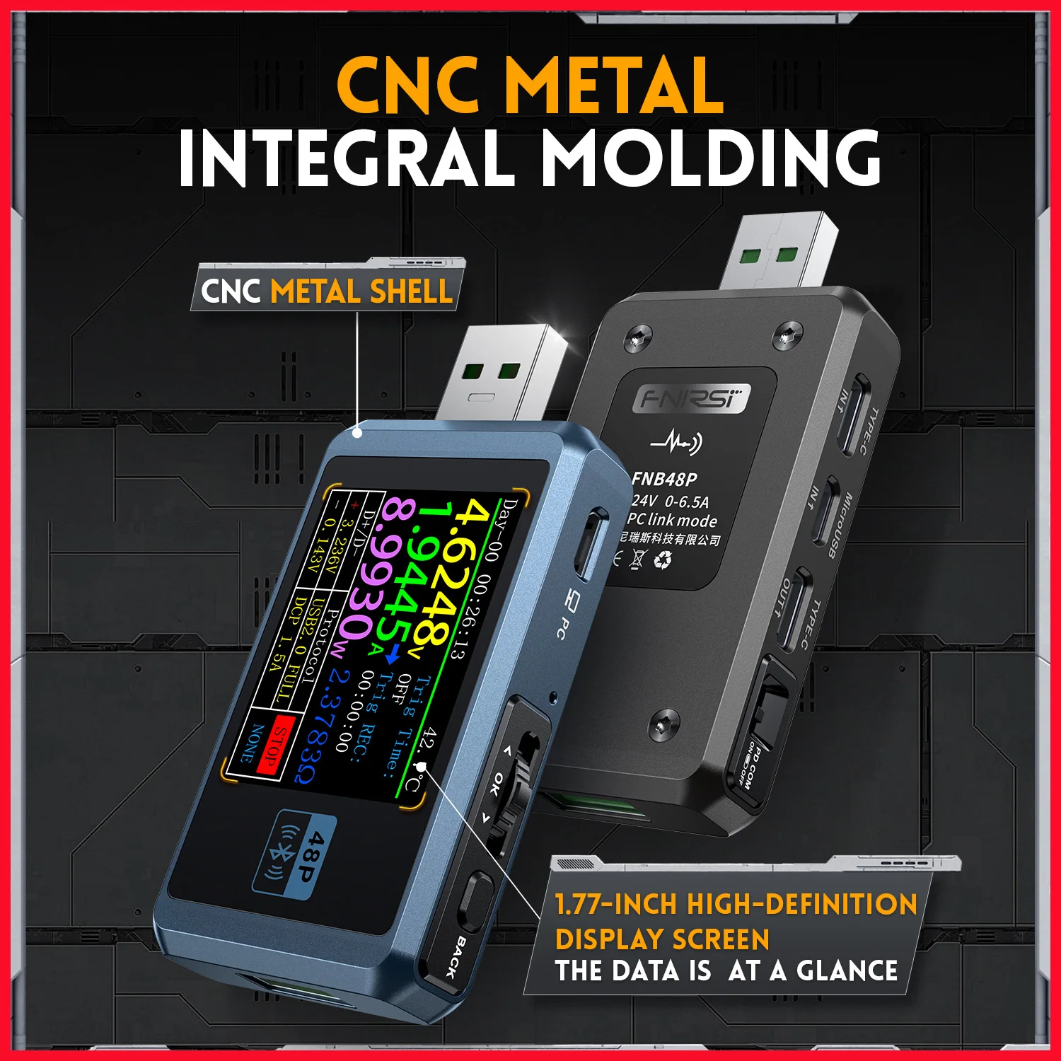 FNIRSI FNB48P USB 테스터 전압계 전류계 TYPE-C 고속 충전 감지 트리거 용량 리플 측정 CNC 금속 쉘 포함