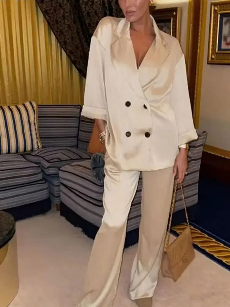 HH Women Fashion Wrinkle Effect Blazer Pant Set Long Sleeve Double Breasted Coat Wide Leg Trousers Solid Office Lady Suit