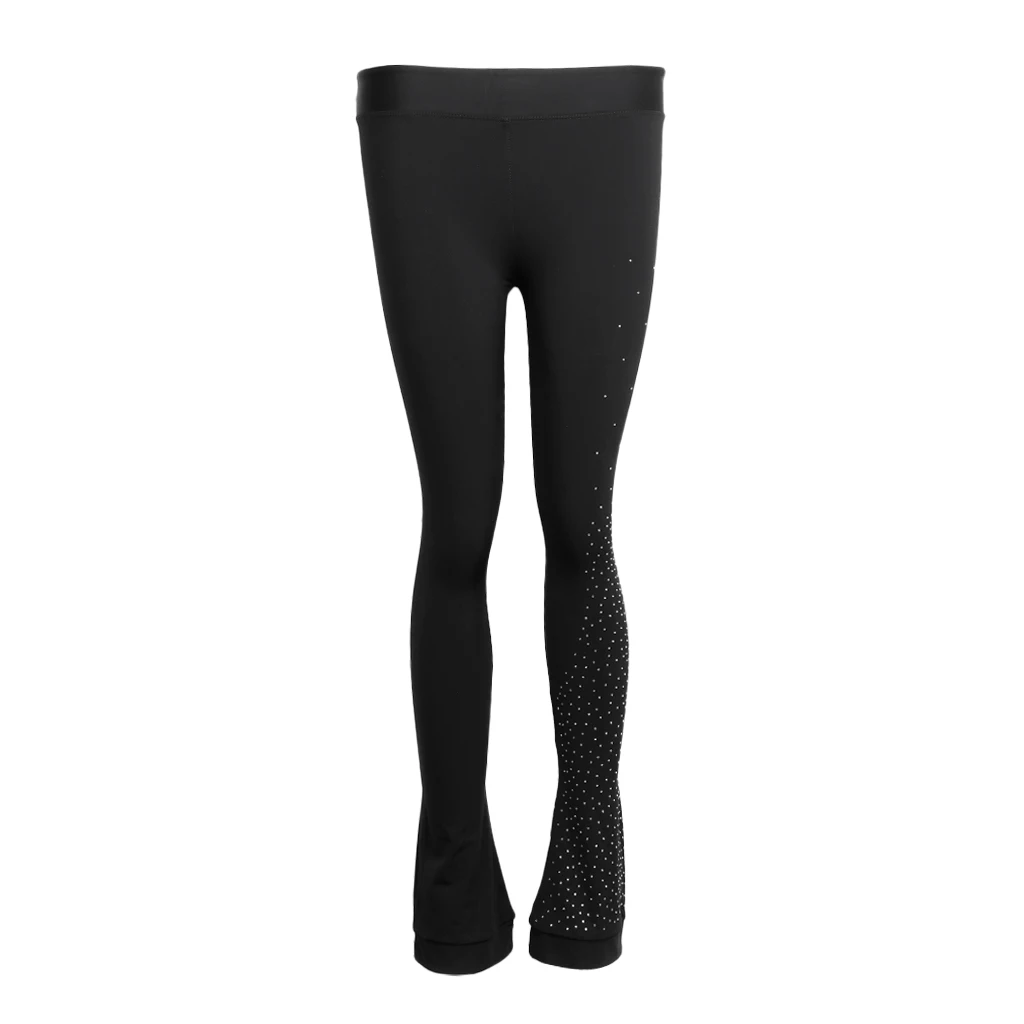 Womens Girls Ice Figure Skating Practice Long Pants Skate Footless Tights Leggings Black with Crystal