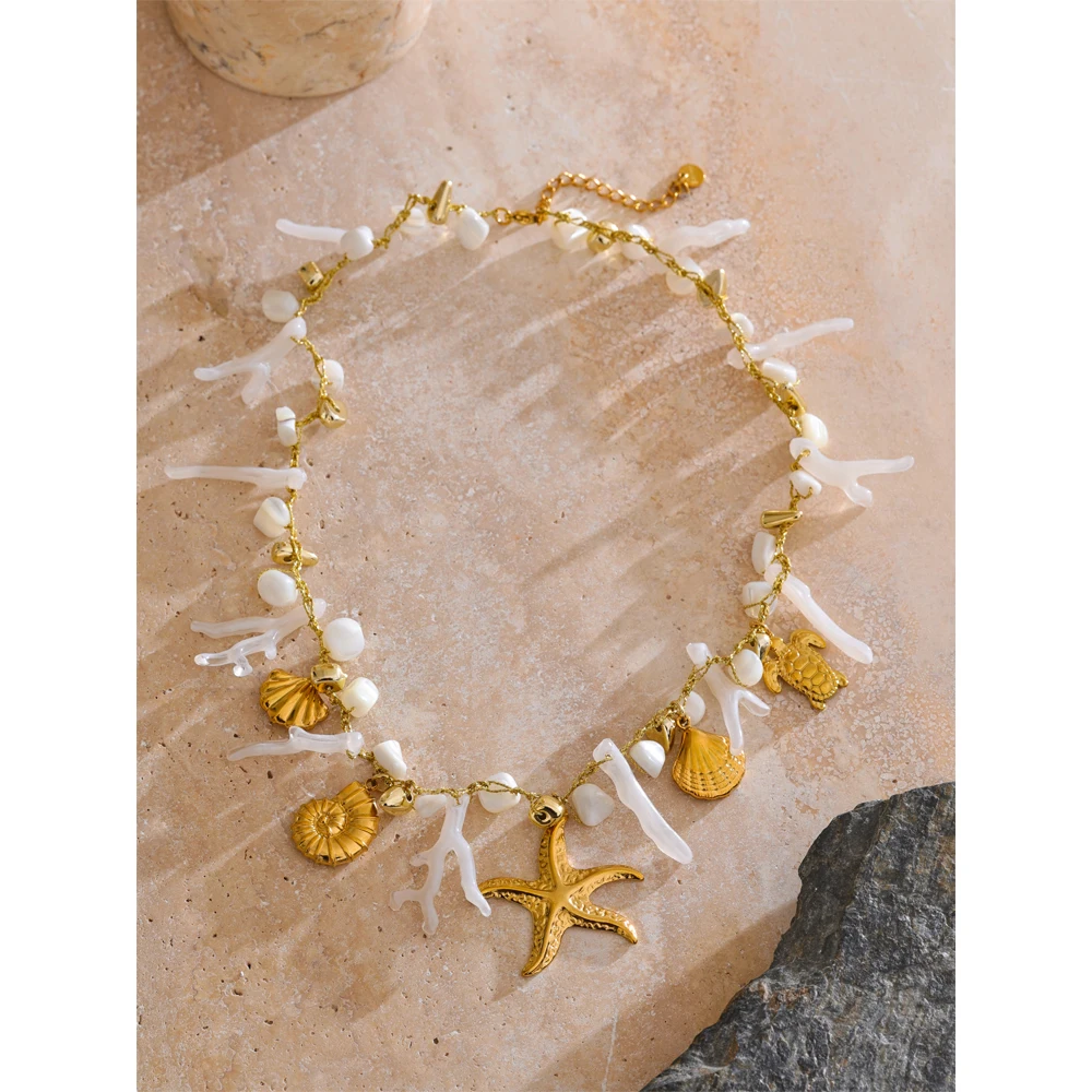 Yhpup Shell Resin Necklace for Women 18K Gold Color Plated