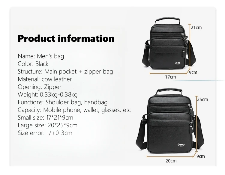JEEP BULUO Brand Genuine Leather Men Shoulder Bags Black High Quality Male Cow Leather Crossbody Tote Handbags Business Fashion