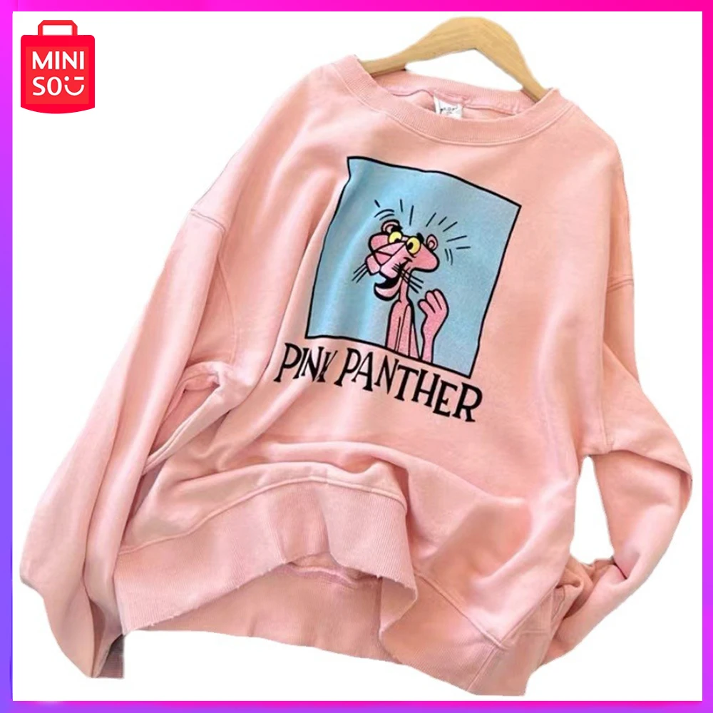 

Miniso Pink Panther New Autumn Round Neck Cartoon Loose Print Cute Casual Long Sleeve Top White Birthday Christmas Girl Gift