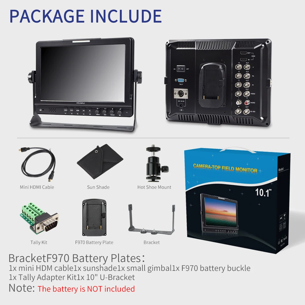 FEELWORLD FW1018SPV1 10.1 Inch IPS 1920X1200 3G-SDI HDMI Camera-Top Monitor with Focus Assist Histogram False Colors Exposure