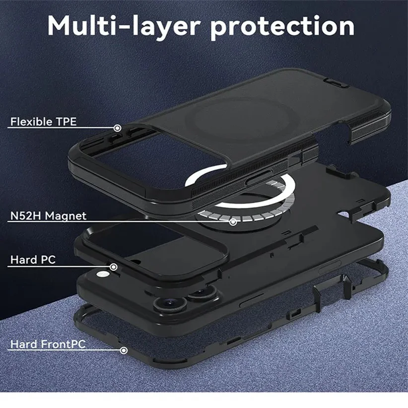 Shockproof Defender Armor Box with MagSafe Compatibility - Anti-Drop Hard Phone Case with Clip