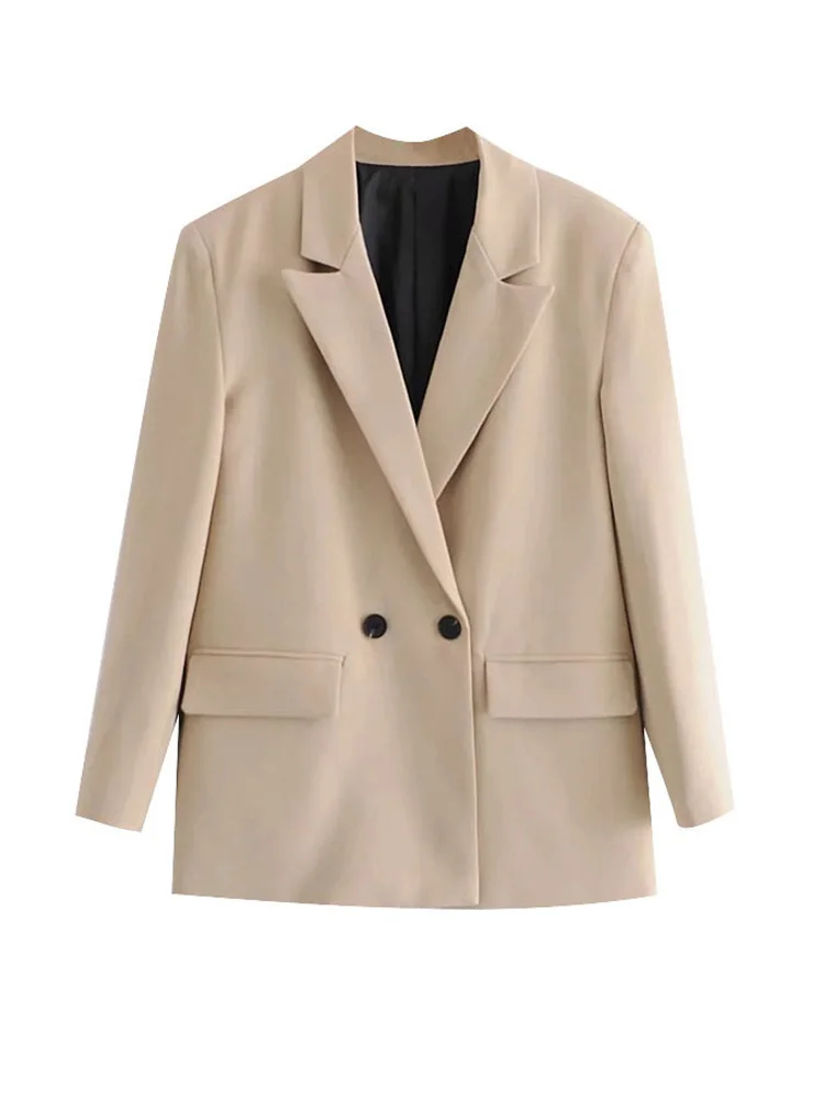 

Women Fashion Double Breasted Loose Fitting Blazer Coat Vintage Long Sleeve Pockets Female Outerwear Chic Tops