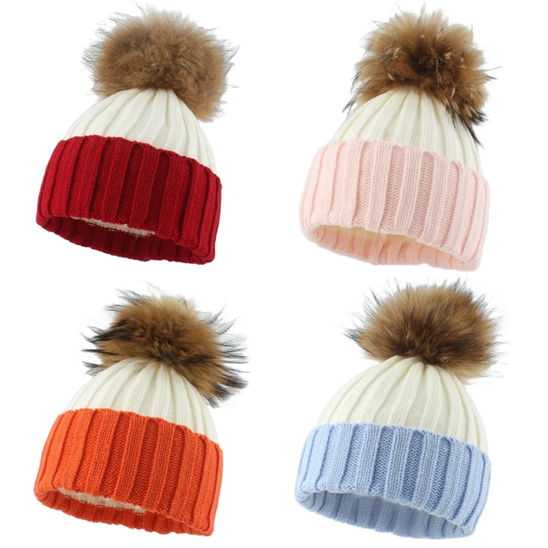 Big Pompom Beanie Hat For Winter Warm Knitted Ski Cap Real Fur Pompom Hat Color Patchwork Knit Skullies Beanies new newborn baby kids girls boys hat scarf winter warm knit hat furry balls pompom solid warm cute lovely beanie cap set gifts