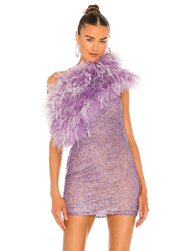 

Women Luxury Prom Dress Short Light Purple One Shoulder Feather Sequined Glitter Bodycon Mini Dresses Celebrity Evening Party