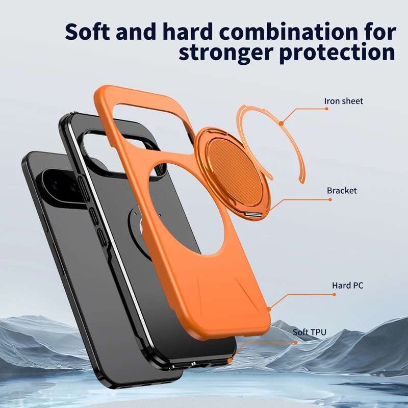 Enhance your phone's protection and style with the ELVEV Magnetic Shockproof Phone Case featuring a Rotating Ring Bracket.