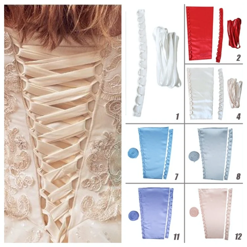 Women Lace up Wedding Dress Satin 3 pcs One Set satin corset clothing auxiliary fabric