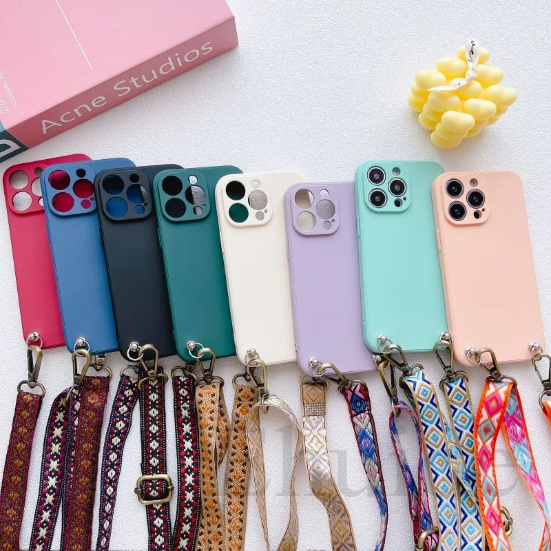 Classic Strap Case For iPhone 15 Pro Max 14 13 12 Mini X XR XS 7 8 Plus 11 Pro Crossbody Lanyard Neck Cord Liquid Silicone Cover