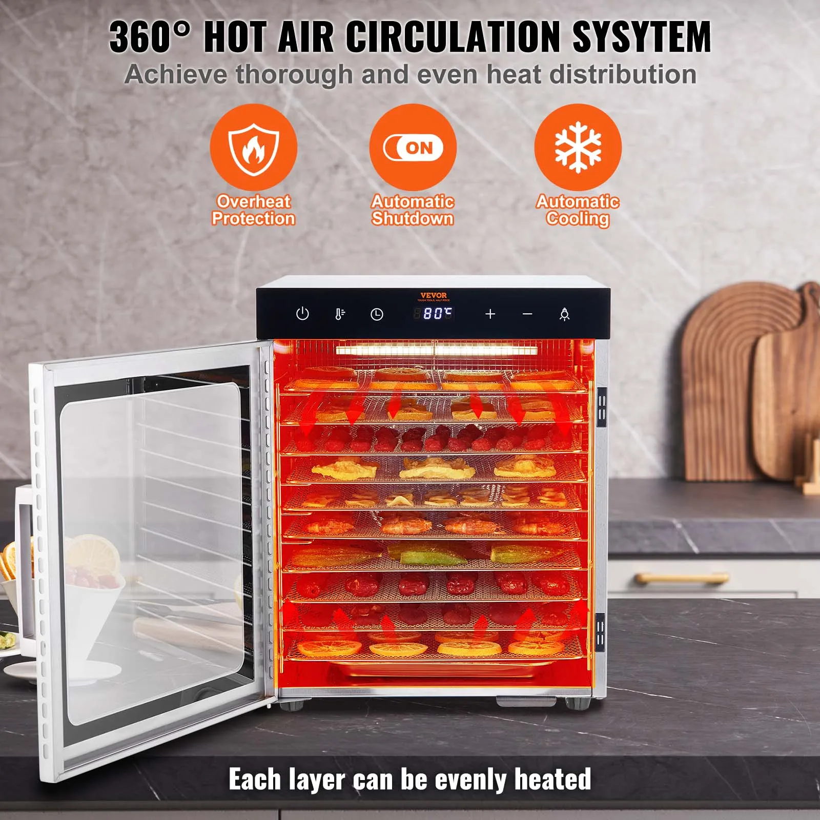 VEVOR 10 podnosy jídlo dehydrator nerez ocel stroj 800W/1000W domácnost zeleninu ovoce sušička s digitální časovač pro domácí