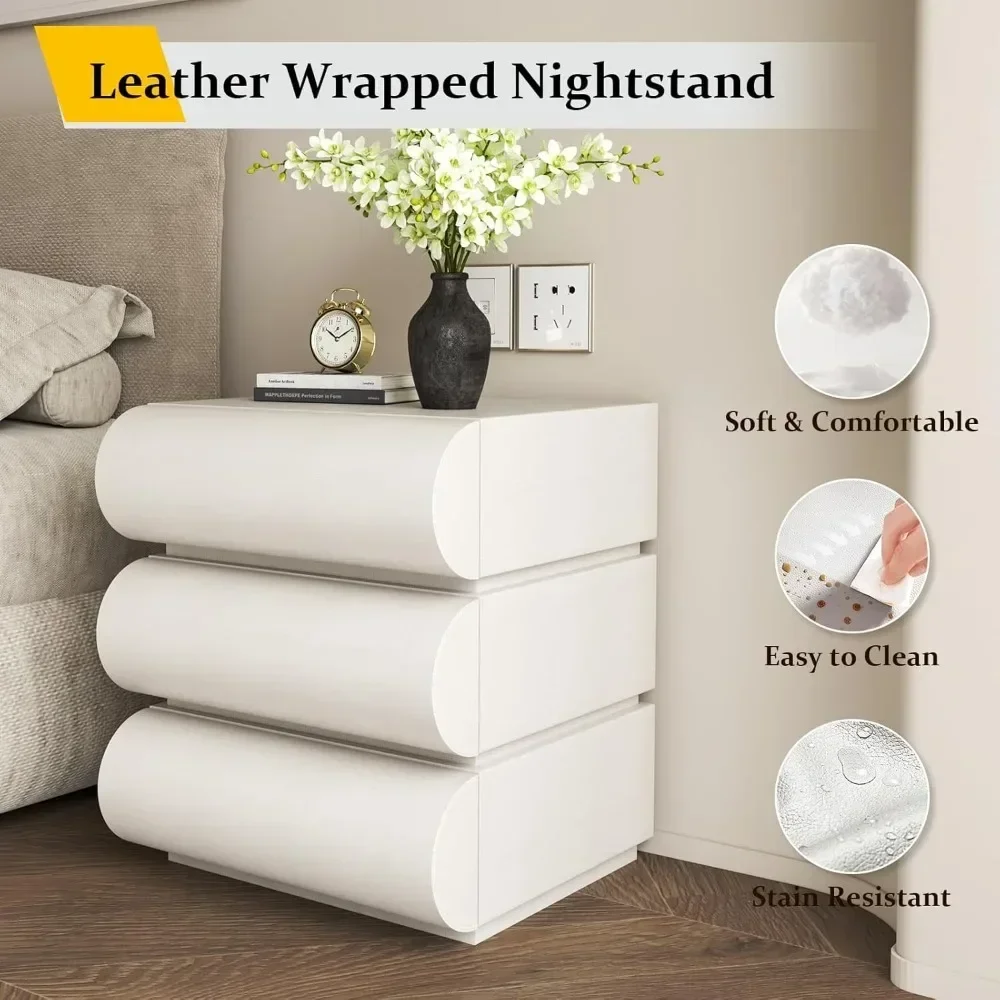 Nightstand with 3 Solid Drawers Leather Bedside Table for Bedroom Wood Nightstand 3