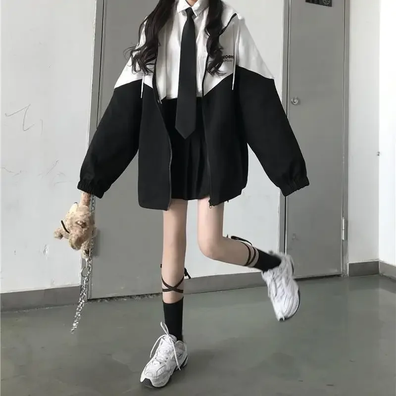 Fashion Zipper Hooded Jacket Women Oversized Varsity Jackets Japanese Female College Coats Korean Streetwear