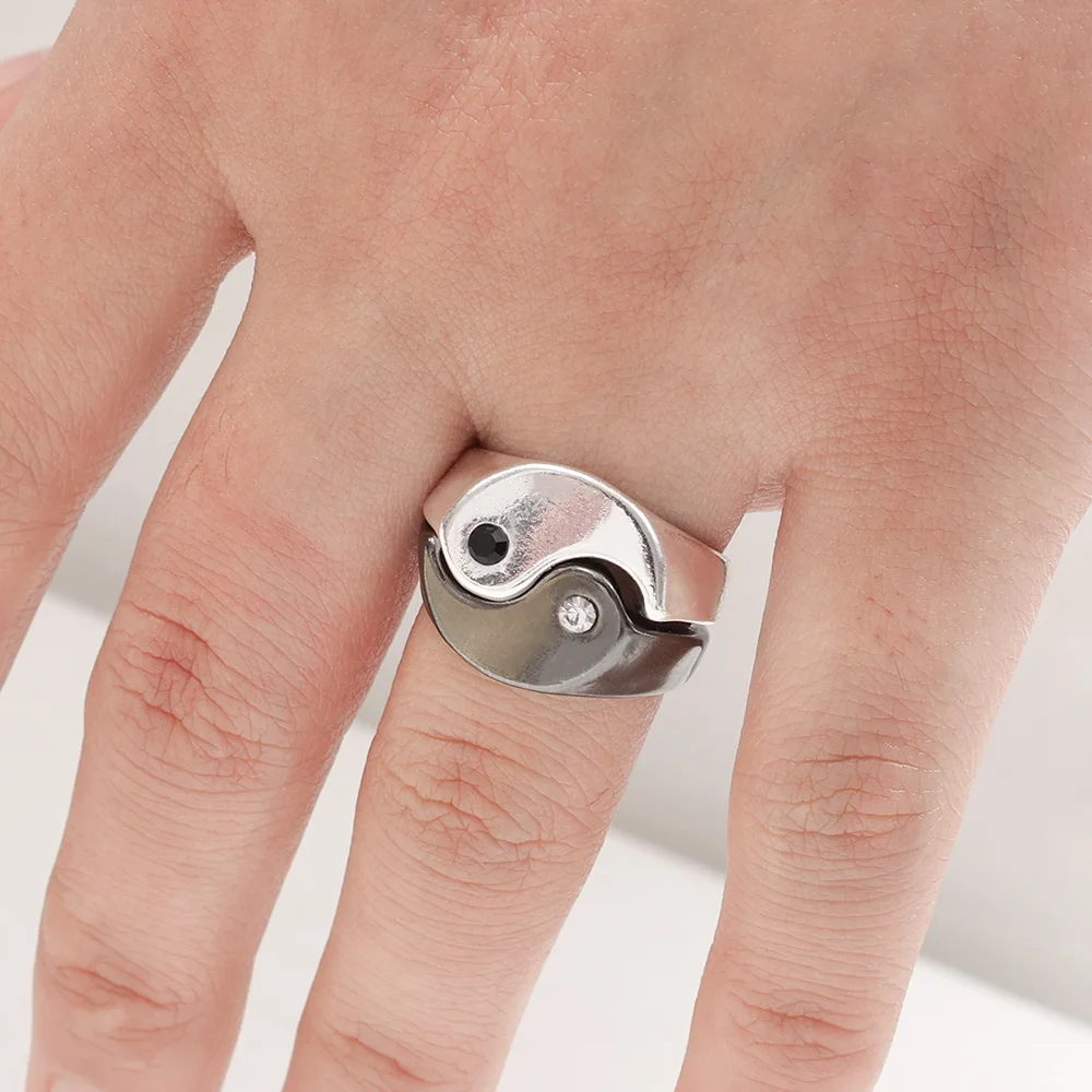 1Pair Yin Yang Gossip Rings For Men Women Vintage Punk Metal Drop Oil Tai Chi Paired Ring Set Couple Ring Jewelry Friend Gifts 5