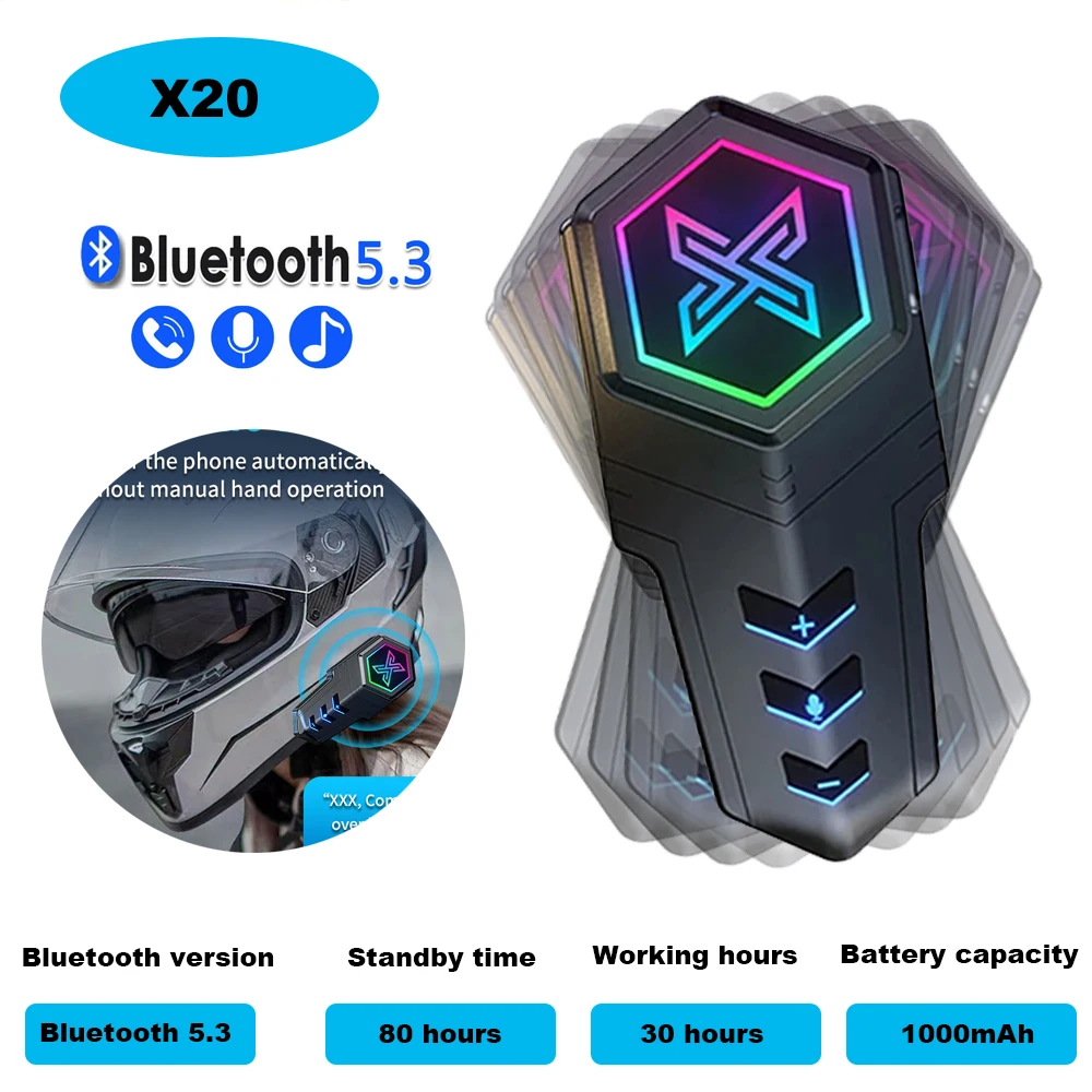 

X20 мотоциклетное оборудование, шлем, гарнитура Bluetooth5.3, стерео, беспроводные, громкая связь, водонепроницаемые наушники с RGB, окружающий цвет