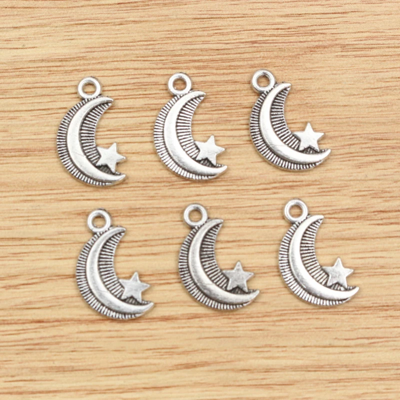40pcs 17x10mm Antike Silber Überzogene Mond Sterne Chrams Metall Legierung Anhänger DIY Schmuck Finden Zubehör